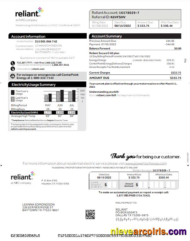 USA RELIANT utility bill